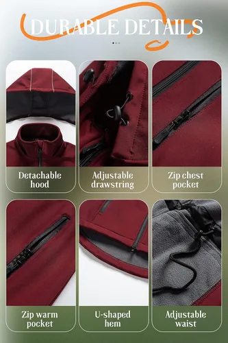 Vista 6 de Chrisuno Chaqueta ligera y larga con forro polar Softshell para mujer, impermeable Anorak con capucha extraíble