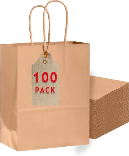 Vista 22 de Bakepacker Paquete de 60 bolsas de papel de regalo de tamaño pequeño con asas a granel de 8.3 x 6 x 3.16 pulgadas, bolsas de compras de papel kraft