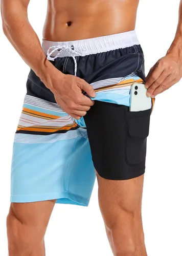 Vista 21 de Difficort - Traje de baño para hombre con forro de compresión, pantalones cortos de secado rápido con bolsillos con cremallera 1-a/ Rayas negras