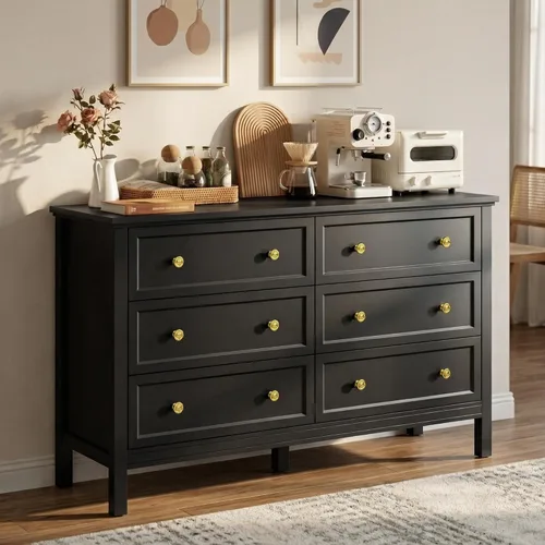 Vista 3 de LYNSOM Cómoda negra para dormitorio, cómoda de 6 cajones con cajón ancho y asas de metal, cómodas de madera y cajones para pasillo, entrada