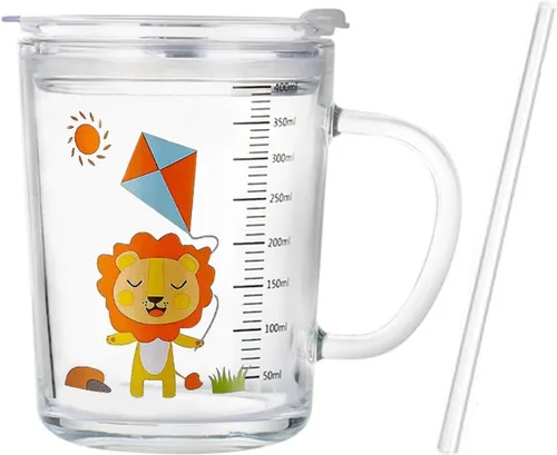 Vista 7 de Vaso de paja para niños con tapa y asa, bonito vaso de vidrio de 13 onzas con escala para agua, té, leche, café (conejo)