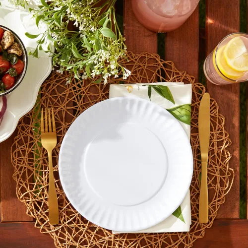 Vista 4 de DII Plato redondo de melamina reutilizable de 9 pulgadas para fiesta o picnic, juego de 12, blanco