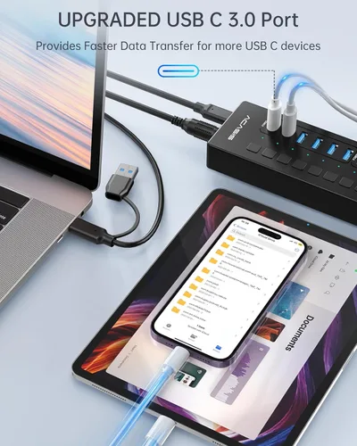 Vista 3 de Concentrador USB 3.0 alimentado, concentrador USB ACASIS de 16 puertos (incluye 2 puertos de carga inteligente USB C 3.0+4) con adaptador