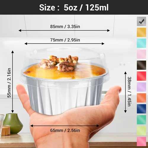 Vista 2 de EUSOAR Vasos para cupcakes con tapas, paquete de 50 forros para magdalenas de 5 onzas de colores surtidos, moldes desechables de papel de aluminio