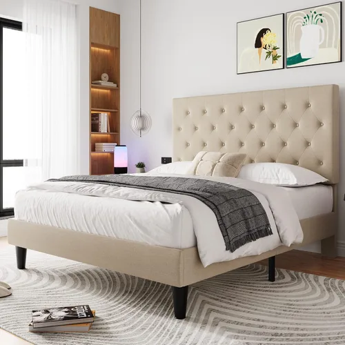 Vista 11 de HOOMIC Base de cama tapizada de tela de tamaño matrimonial con cabecera ajustable de diamante, base de colchón, listones de madera, no necesita Gris