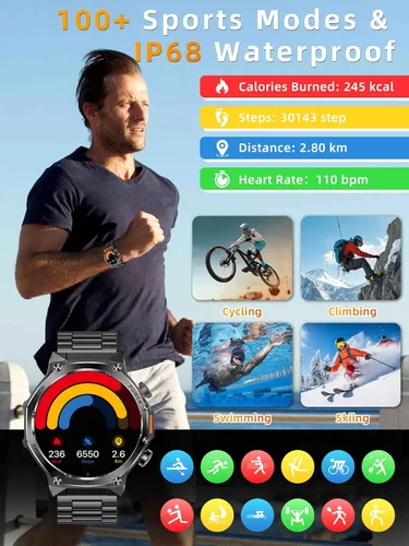 Vista 4 de KPEP Military Watches for Men with 2 Straps (Bluetooth Call), 1.75" HD Screen Military Watch with Flashlight, 800mAh Battery, SpO2 Heart Rate Sleep