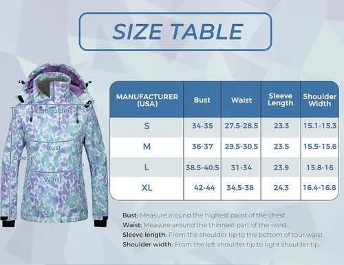Vista 7 de Wantdo Chaqueta de esquí impermeable para mujer, estampado colorido, costuras totalmente selladas, abrigo de lluvia cálido de invierno