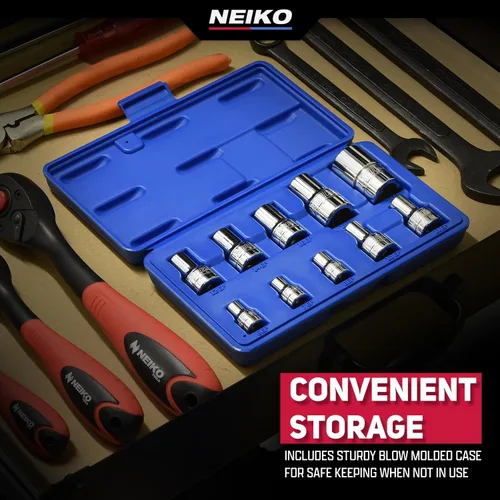 Vista 6 de NEIKO 04300A E-Torx Juego de Zócalos, 14 Piezas, Toma Torx Externa, E4 a E24, 1/4", 3/8" y 1/2" Unidad, Torx Externo Hembra, Torx Invertido, Acero