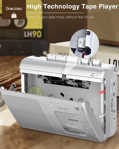 Vista 4 de Gracioso Reproductor de casete Bluetooth con transmisor Bluetooth, reproductor de casete AM FM con altavoz grande, conector para auriculares