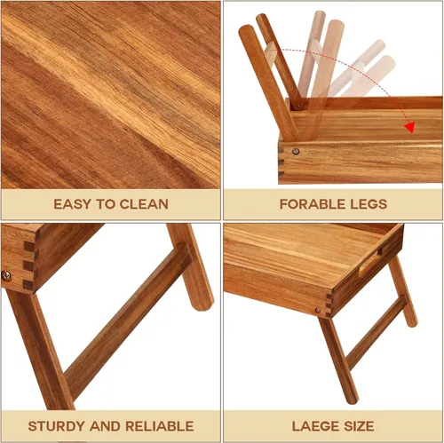 Vista 5 de Tatuo Bandeja de mesa de acacia de 3 piezas de 11.5 pulgadas de altura para computadora portátil, bandeja de desayuno de madera para servir