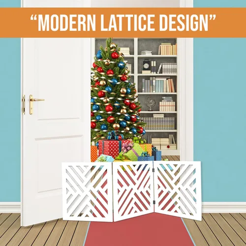 Vista 7 de Bundaloo Puerta independiente para perros, valla de madera decorativa expandible para perros pequeños a medianos, barrera para escaleras, puertas