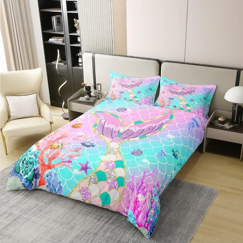 Vista 2 de Erosebridal Funda de edredón de cola de sirena de algodón 100% orgánico, tamaño individual, funda de edredón de escamas de peces para niños, juego