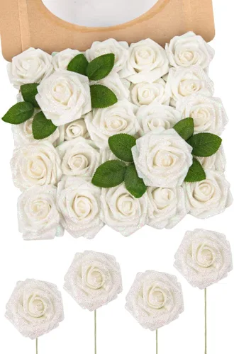 Vista 57 de N&T NIETING 25 unidades de flores artificiales, Rosas de espuma artificial de sensación real al tacto, decoración para boda, dama de honor, ramo