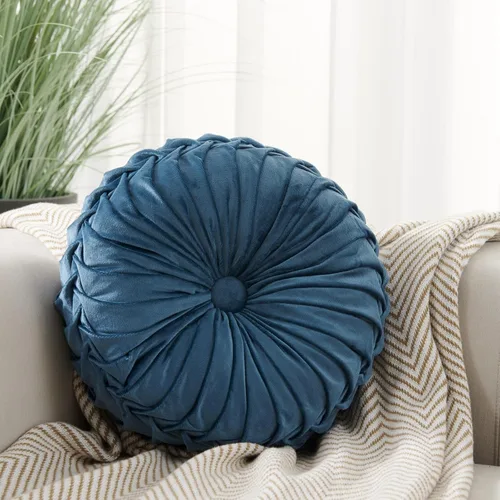 Vista 2 de Almohada redonda de terciopelo de 15 x 15 pulgadas, plisada, redonda, rellena de calabaza, para el hogar, para sofá, silla, cama, suelo