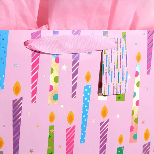 Vista 3 de SUNCOLOR Bolsa de regalo extra grande de 16 pulgadas con papel de seda para niñas (velas de cumpleaños feliz)