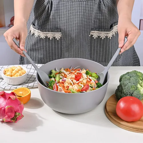 Vista 8 de LOVYANXUE - Juego de ensaladera de fibra de bambú con utensilios para servir de gran tamaño de 9.8 pulgadas, juego de mezcla de bambú natural