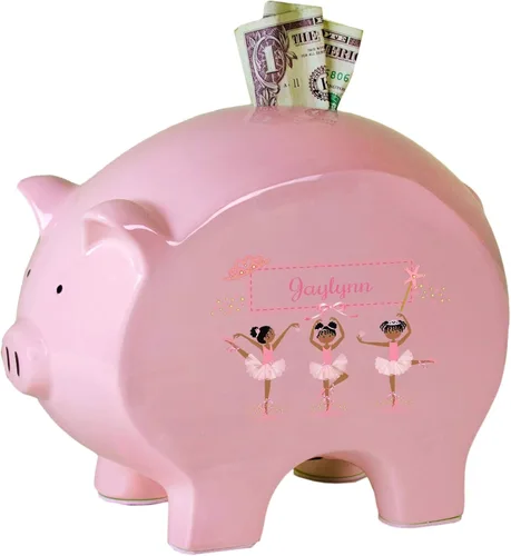 My Bambino Personalized Ceramic Piggy Bank | Pink Piggy Bank with Ballerina African American Design | Custom Name Kids Coin Bank | Keepsake Baby