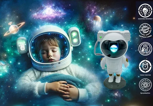 Vista 7 de Proyector astronauta de galaxia, proyector de estrellas de cielo nocturno de 360°, amigo espacial para decoración de habitación de bebé, control