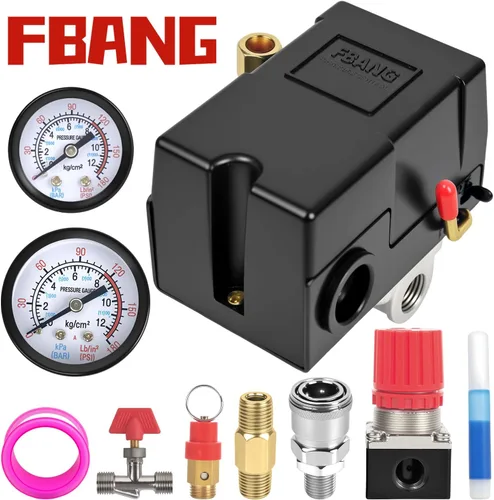 Vista 2 de Válvula de control del interruptor de presión del compresor de aire, regulador de presión 90-120PSI con conjunto de accesorios de manómetros