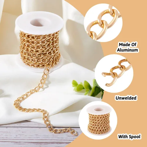 Vista 5 de Pandahall - Cadena de eslabones de aluminio de 16.4 ft/5 yardas, color dorado claro, cadena de cruz torcida con carrete para hacer joyas