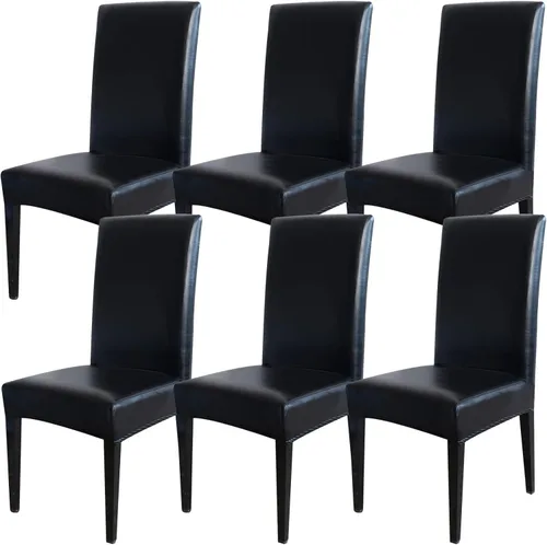 Vista 9 de Qubjus Fundas para sillas de comedor, de piel sintética sólida, impermeable, a prueba de aceite, elásticas, fundas protectoras para sillas de Negro