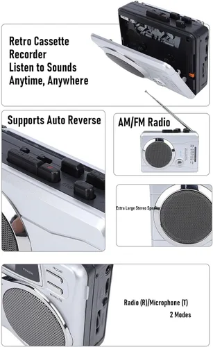 Vista 7 de Zunate Grabadora de casete portátil con radio AM FM, altavoz y micrófono integrados, conector para auriculares, inversa automática de cinta