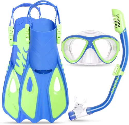 Snorkeling Gear for Kids Ages 5-15, 4 in 1 Mask Fins Snorkel Set with HD Tempered Glass Panoramic View Anti-Fog Mask, Dry Top Snorkel, Adjustable