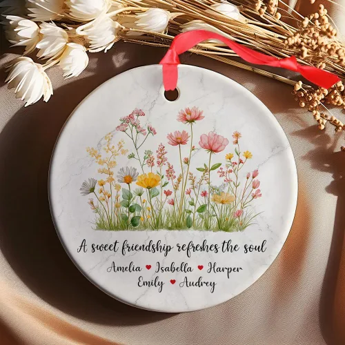 Vista 8 de Personalized Best Friend Ceramic Ornament with Names – Floral Design and “A Sweet Friendship Refreshes The Soul” Quote – Custom Pastel Keepsake for