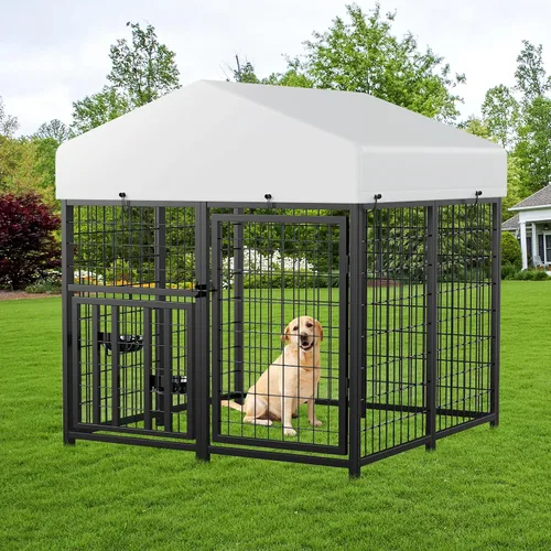 Vista 7 de ROOMTEC Caseta para perros resistente para exteriores con cuencos giratorios, 8 x 4 x 5.6 pies