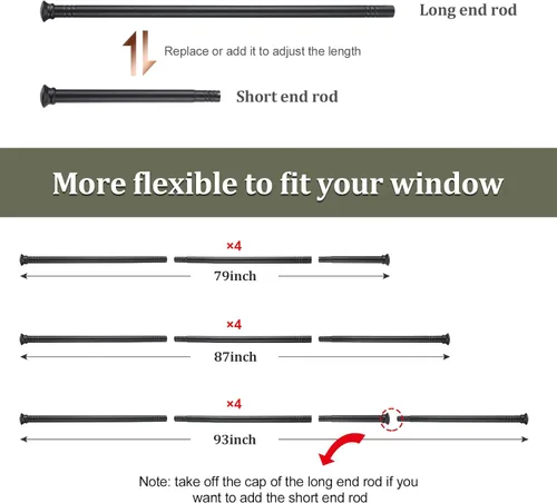 Vista 4 de Barras de cortina para ventanas de 48 a 93 pulgadas, barra de cortina de metal resistente de 5/8 pulgadas, paquete de 2 barras de cortina opacas