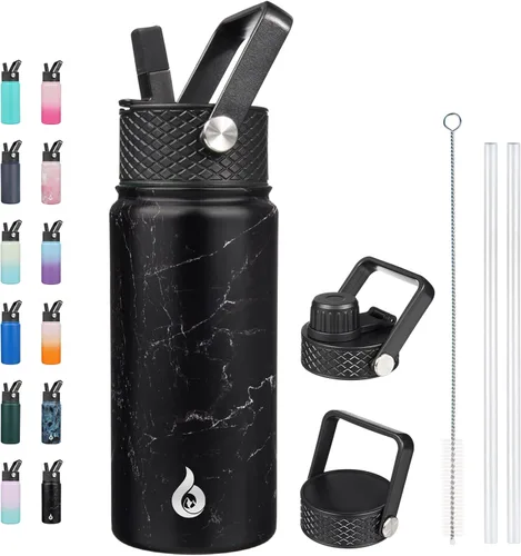Vista 111 de BJPKPK - Botellas de agua aisladas con tapa con popote, botella grande de metal de 32 onzas con 3 tapas, termo reutilizable sin fugas y sin BPA