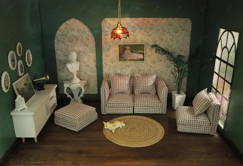 Vista 5 de iLAND Muebles de Casa de Muñecas Sofá Seccional en Miniatura para Decoración de Casa de Muñecas Compatible con Accesorios a Escala 1/12, Sofá
