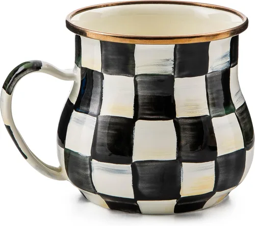MACKENZIE-CHILDS - Juego de tazas esmaltadas, color blanco y negro | Hand-painted design, made from enameled steel, ideal for hot or cold coffee and