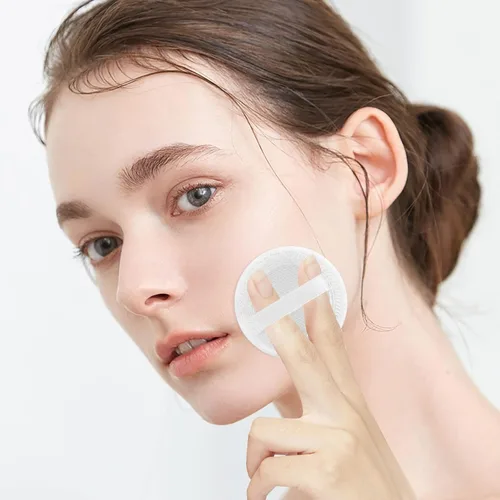 Vista 3 de Sibba Powder Puff 2 almohadillas de algodón para maquillaje facial cosmético con cinta para suelto y base, redondo, blanco, seco, adecuado