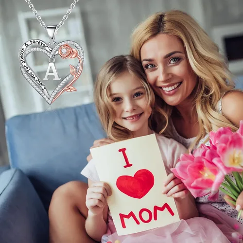 Vista 3 de Memorjew Regalos de corazón rosa para mujer, plata de ley 925, collar con dije de corazón con letra inicial de corazón, regalo de cumpleaños