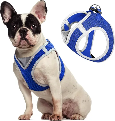 Vista 9 de KZA308 Arnés reflejante con cuello en V de malla para perro, sin jalones, facilita el paseo, ajuste rápido, cómodo, con velcro ajustable para Azul