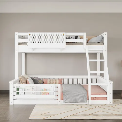 Vista 11 de Harper & Bright Designs Litera para niños de tamaño individual sobre individual, marco de cama individual de madera con escalera y barandillas
