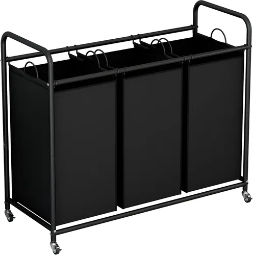 Vista 14 de LINZINAR - Carrito clasificador de ropa sucia de 3 bolsas, cesta de lavandería resistente con ruedas y cerradura, con tabla de planchar y bolsas