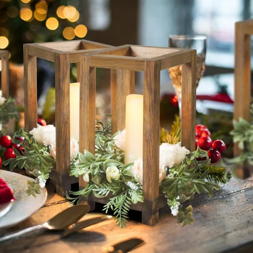 Vista 7 de 12 linternas de madera para centros de mesa de boda decorativos, portavelas rústico decorativo para fiesta de boda, linterna de vela sin llama