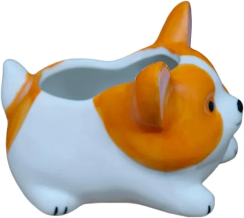 Vista 2 de Cuteforyou Macetas para suculentas, bonitas macetas de cerámica con forma de animal con bandeja de bambú, planta no incluida (perro corgi)