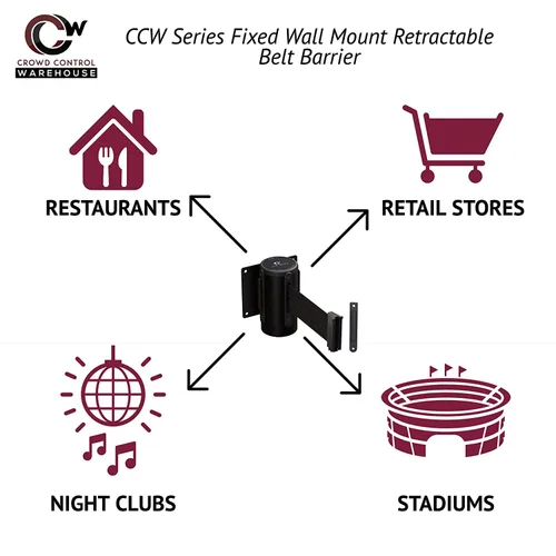 Vista 3 de Crowd Control Warehouse - Barrera de cinturón retráctil de montaje en pared fijo Serie CCW WMB-120 - 11 pies, cinturón negro con carcasa de acero