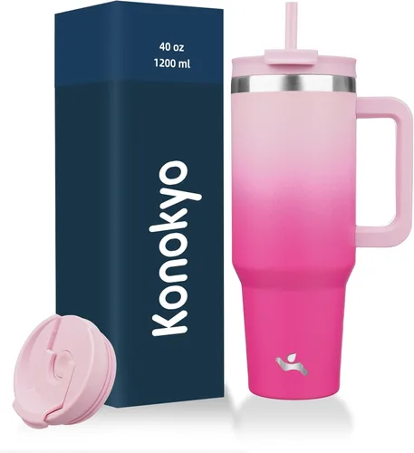 Vista 31 de Konokyo Vaso de 30 onzas con asa y 2 popotes, botella de agua aislada con tapa 2 en 1, taza de café de viaje de acero inoxidable, verde militar