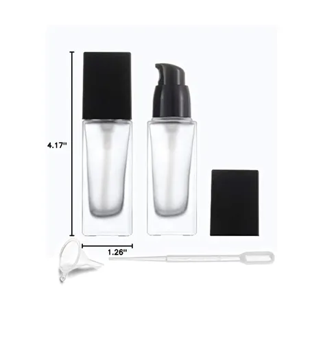 Vista 3 de Paquete de 2 botellas de base de vidrio esmerilado de 30ml/1 oz, botella de loción cuadrada vacía recargable con bomba de presión para loción