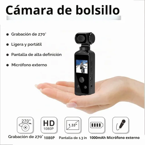 Vista 2 de Cámara de acción de mano, videocámara de bolsillo con WiFi 4K HD giratoria de 270° para filmar videos de vlog de viaje, con clip de micrófono, funda