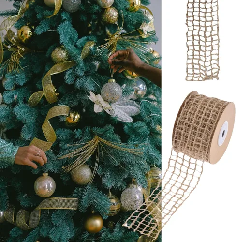 Vista 4 de Cinta de red de arpillera con borde con alambre de 2 pulgadas, malla de yute rústico de 10 yardas para manualidades, decoración de corona, envoltura