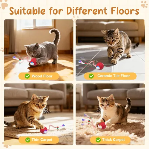 Vista 2 de 2PCS Interactive Cat Toys for Indoor Cats with 6 Tails, Automatic Cat Toy Fast Rolling on Carpet/ Wooden Floor/ Tiles, Rechargeable Kitten Toys for