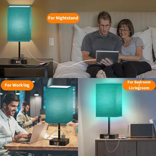 Vista 6 de cozoo Lámpara de escritorio USB para mesita de noche con 3 puertos de carga USB y 2 tomas de corriente, base de cargador negra con pantalla de tela