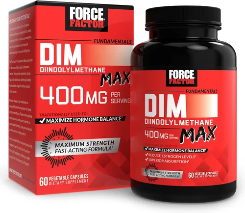 Force Factor DIM Max, suplemento DIM de 400 mg, equilibrio de estrógeno para mujeres y hombres, extra fuerza para el acné hormonal, metabolismo,