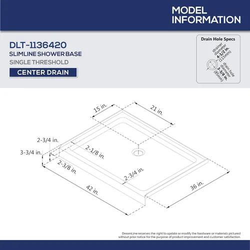 Vista 2 de DreamLine SlimLine DLT-1136420 - Base de ducha de un solo umbral de drenaje central de 36 pulgadas de profundidad x 42 pulgadas de ancho x 2 3/4