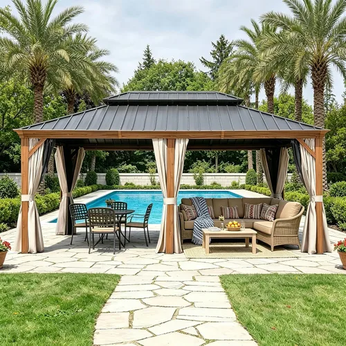 12'X18' Hardtop Gazebo, Outdoor Metal Gazebo Double Roof Galvanized Steel Canopy Wooden Finish Coated with Netting and Curtains for Garden, Patio,